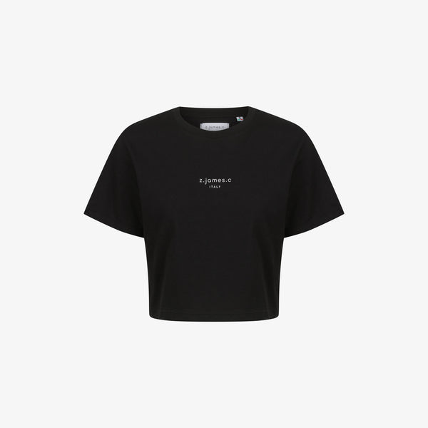 The black crop T by z.james.c with a logo print on the chest. Made in Italy.