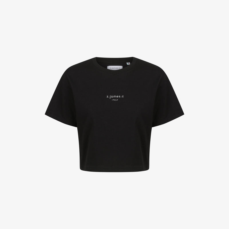 The black crop T by z.james.c with a logo print on the chest. Made in Italy.