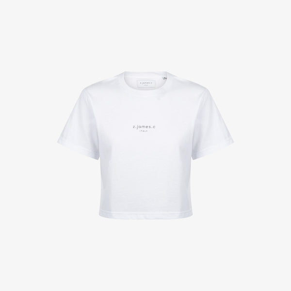 The white cropped T by designer brand z.james.c. Featuring 100% cotton and a logo print on the chest.