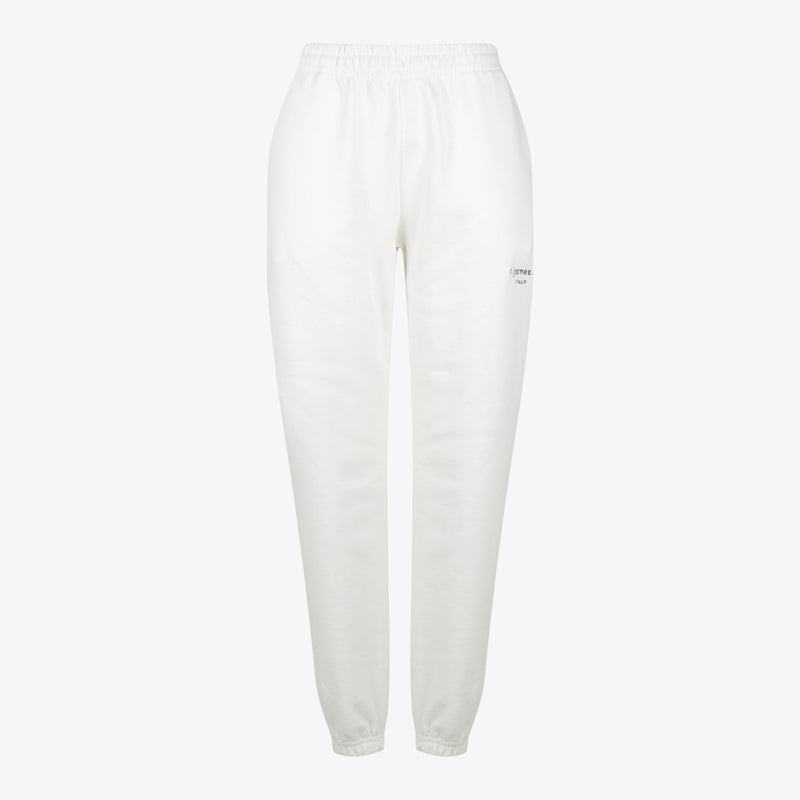 The female joggers in off white made from 100% cotton featuring logo embroidery on the side.