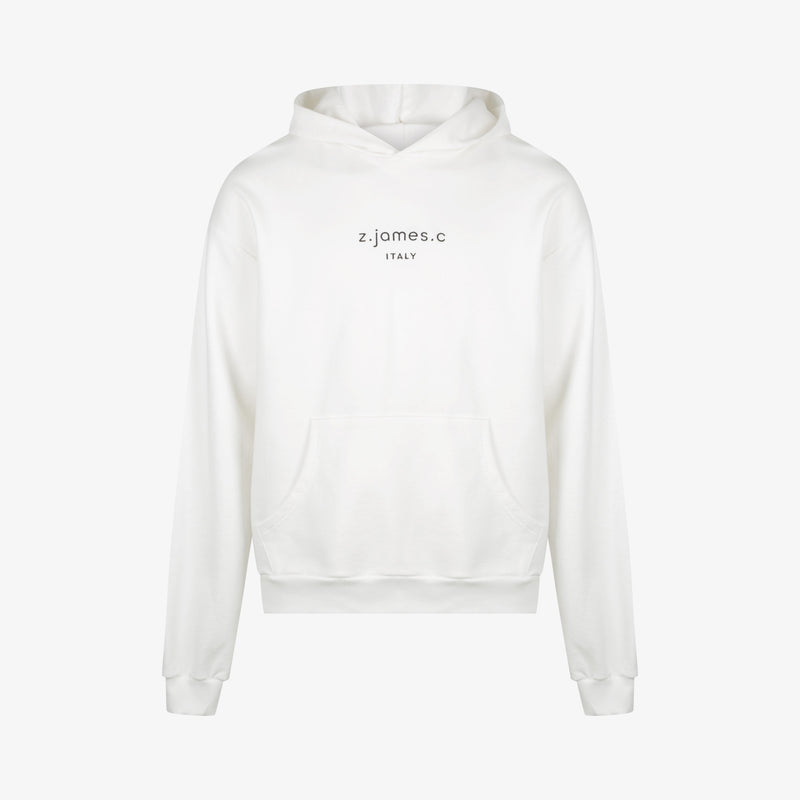 The men's off white Oversized Hoodie. Featuring logo embroidery on the chest. Made from 100% cotton in Italy by z.james.c