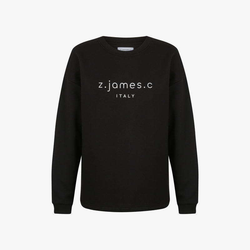 A black female oversized sweatshirt with a large oversized print on the chest with the logo of the designer fashion brand z.james.c