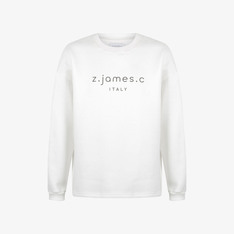 The white female oversized sweatshirt with a large oversized print on the chest with the logo of the designer fashion brand z.james.c